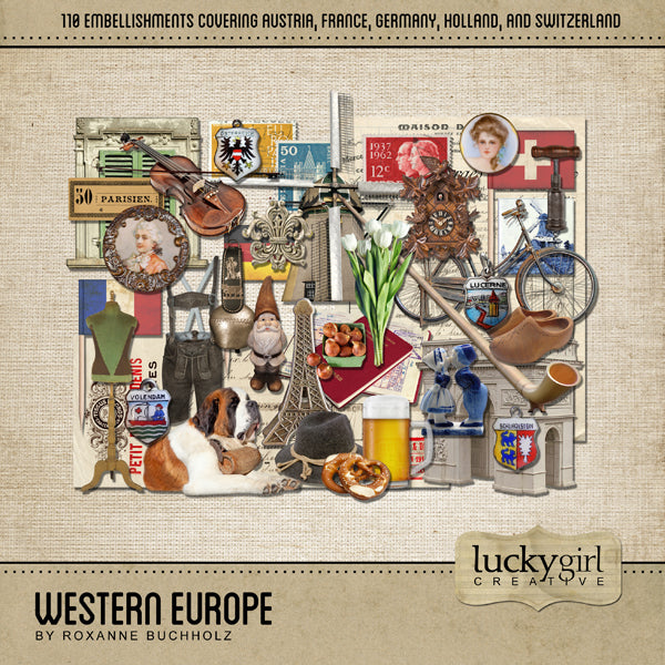 The Western Europe Digital Scrapbook Kit is a diverse collection of digital art representing Austria, France, Germany, Holland or The Netherlands, and Switzerland with a modern vintage flair. If you have been meaning to document your memories from a trip to Europe or are planning a trip there soon, this collection is just what you need!
