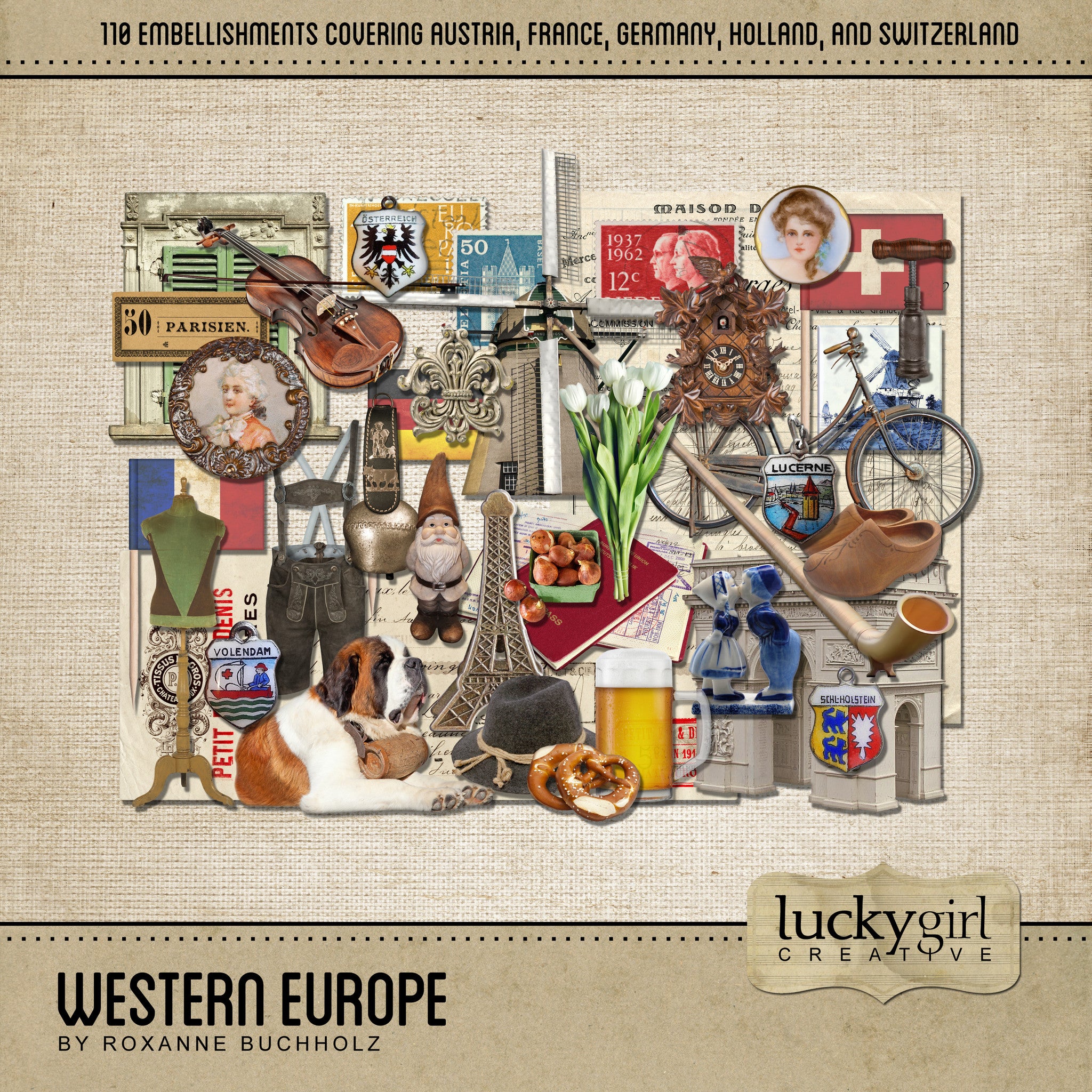 The Western Europe Digital Scrapbook Kit is a diverse collection of digital art representing Austria, France, Germany, Holland or The Netherlands, and Switzerland with a modern vintage flair. If you have been meaning to document your memories from a trip to Europe or are planning a trip there soon, this collection is just what you need!