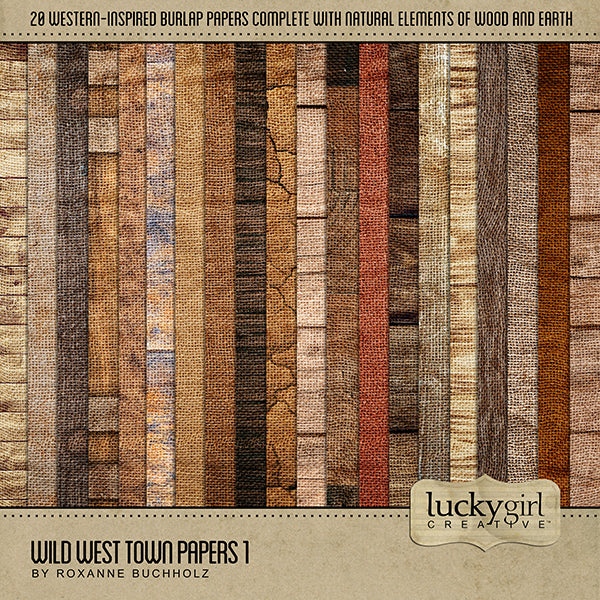 The Wild West Town Papers 1 Digital Scrapbook Kit features authentic western, wood, and desert earth digital art papers accented by a burlap texture. Perfect for western-inspired backgrounds to your digital scrapbook pages including travels to the Southwest (Arizona, Colorado, Utah, Nevada, New Mexico), cowboy and cowgirl dances and hoedowns, rodeo and ranch events, ghost towns, vacations to the desert, Mexico, and so much more!