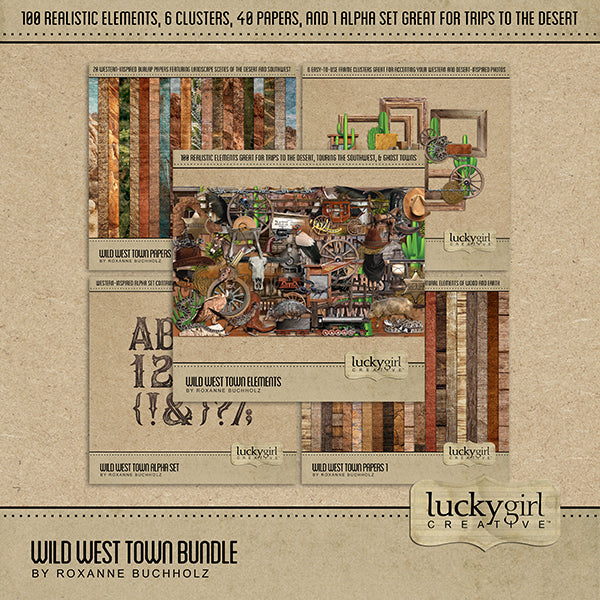 The Wild West Town Digital Scrapbook Bundle features authentic western and desert digital art embellishments, papers, clusters, and an alpha set. Easy to use for western-inspired digital scrapbook pages including travels to the Southwest (Arizona, Colorado, Utah, Nevada, New Mexico), cowboy and cowgirl dances and hoedowns, rodeo and ranch events, ghost towns, vacations to the desert, Mexico, and so much more! 