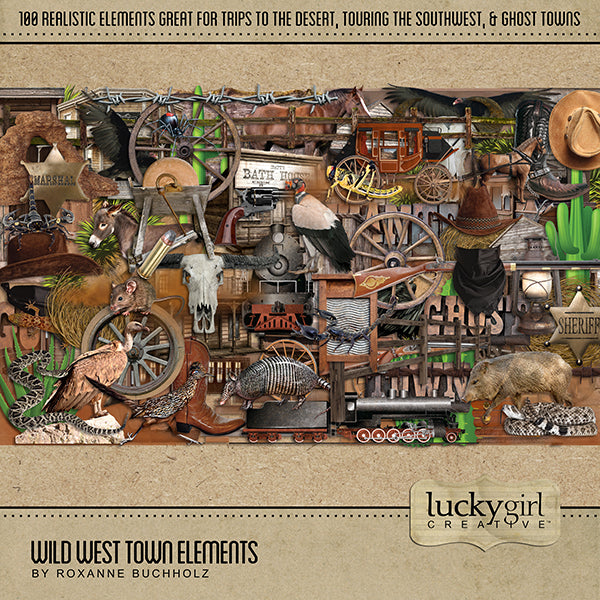 The Wild West Town Elements Digital Scrapbook Kit features authentic western and desert digital art embellishments only. Perfect for western-inspired digital scrapbook pages including travels to the Southwest (Arizona, Colorado, Utah, Nevada, New Mexico), cowboy and cowgirl dances and hoedowns, rodeo and ranch events, ghost towns, vacations to the desert, and Mexico.