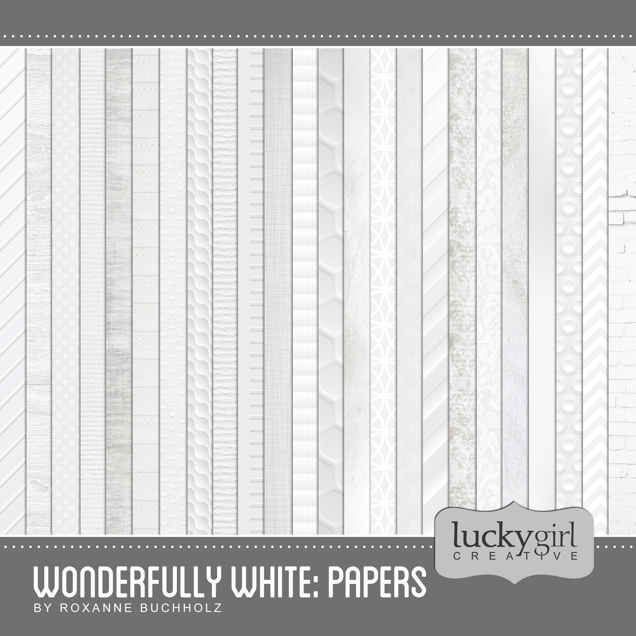 Wonderfully White Papers Digital Scrapbook Kit was designed to offer you a complete set of 24 matching white digital art papers. Often white papers from different collections vary in their shade of white so they never match exactly. These 24 papers were designed together and match each other perfectly to give your designs that overall consistent look and feel. To expand this collection, be sure to look for Wonderfully White Extras Digital Scrapbook Kit.