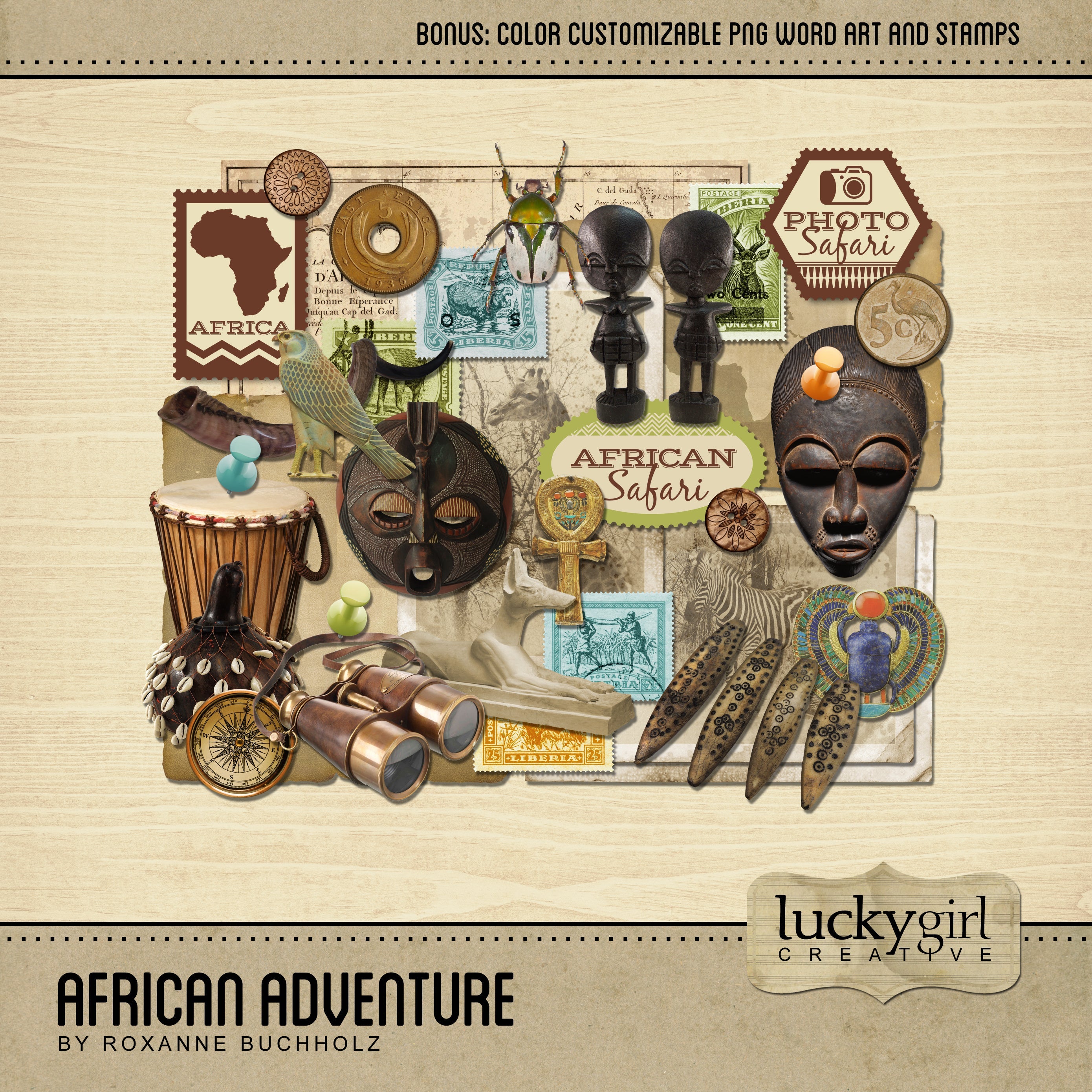 Africa digital scrapbook kits by Lucky Girl Creative offer a wide variety of realistic embellishments and digital paper. Great for safari vacations and mission trips to Africa, these kits are filled with authentic tribal artifacts and animals.