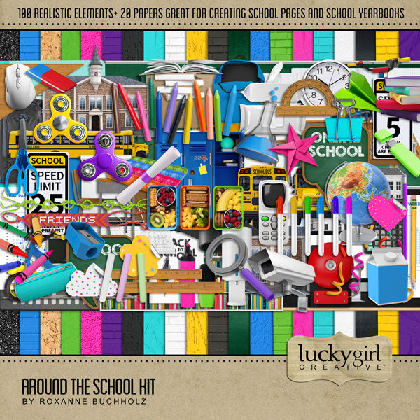 School digital scrapbook kits by Lucky Girl Creative include scrapbooking embellishments and digital papers to showcase all those special school events.
