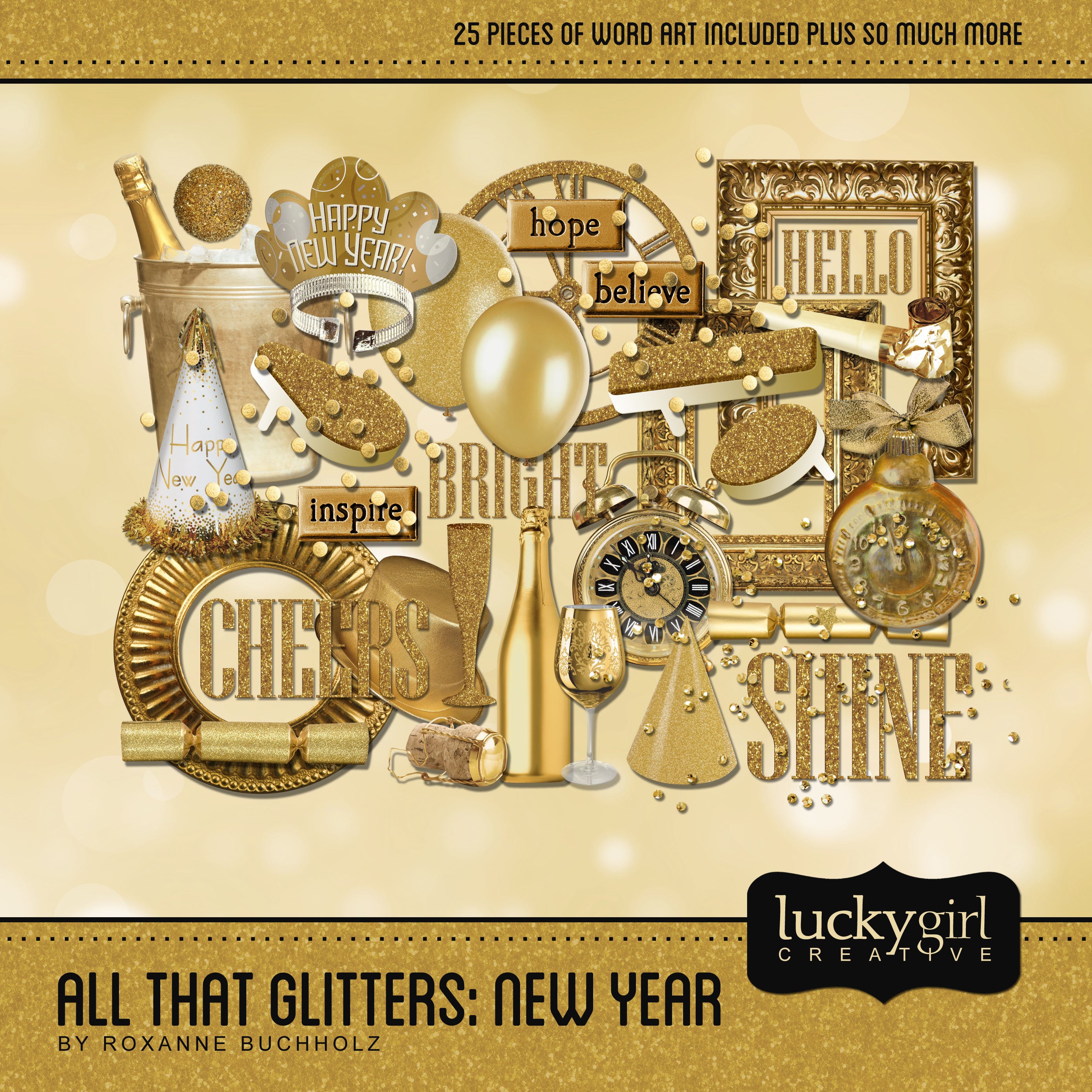 New Year’s digital scrapbook kits by Lucky Girl Creative offer scrapbooking embellishments and digital papers. With thoughts of glitter-filled holiday parties, your digital pages will shine in the new year with gold accents.