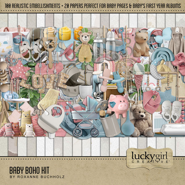 Baby and Child digital scrapbook kits by Lucky Girl Creative offer both modern and vintage baby scrapbooking embellishments and digital papers to accent your baby and children's albums and pages.