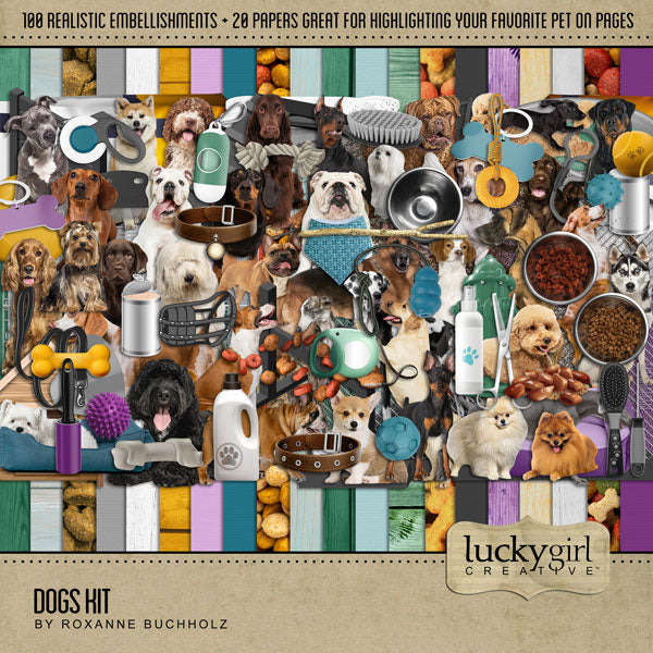Pets and Animals digital scrapbook kits by Lucky Girl Creative offer a wide variety of embellishments and digital paper.