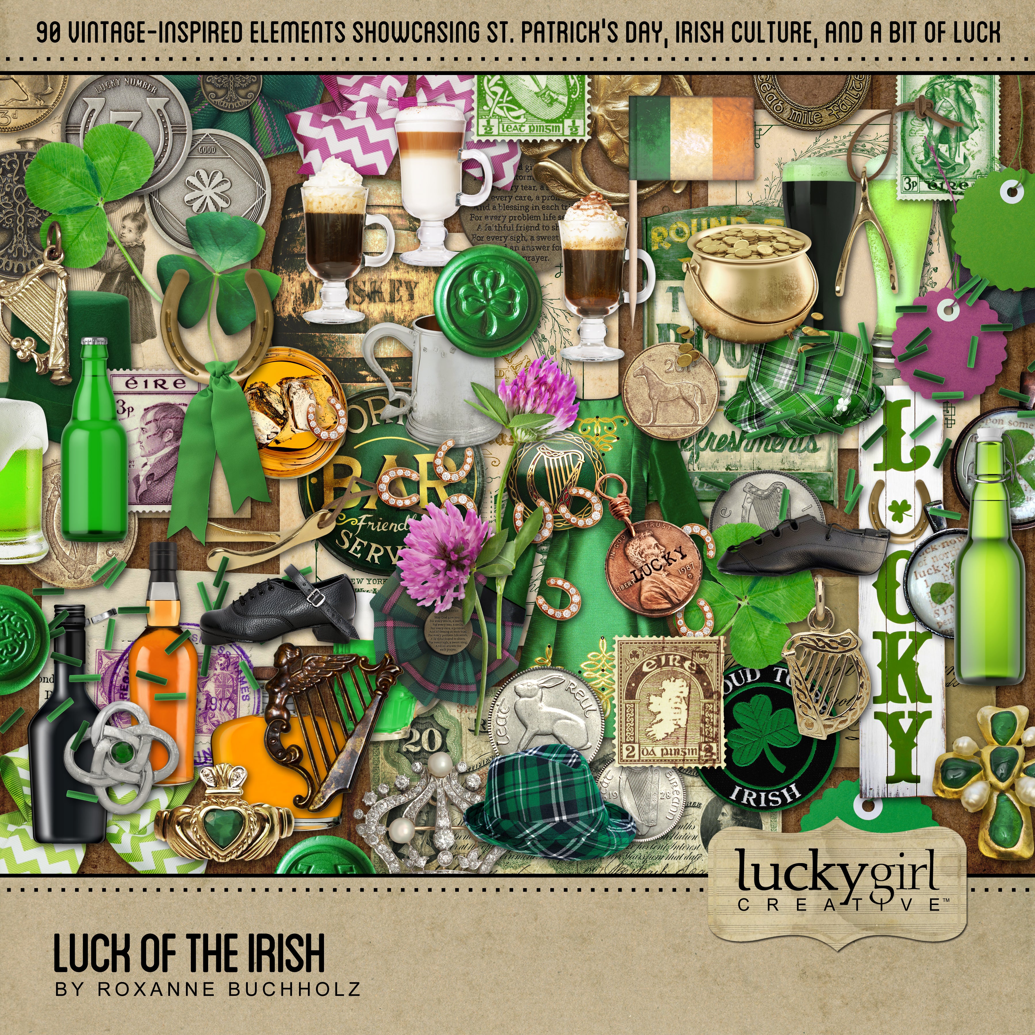 St. Patrick’s Day digital scrapbook kits by Lucky Girl Creative offer realistic scrapbook embellishments and digital papers. Show someone how lucky you are by documenting your love story or writing about your Irish heritage.