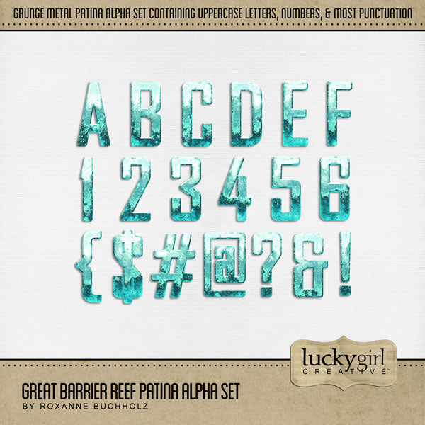 Alphabet digital scrapbook kits by Lucky Girl Creative offer a wide variety of uppercase, lowercase, numbers, and punctuation embellishments. 