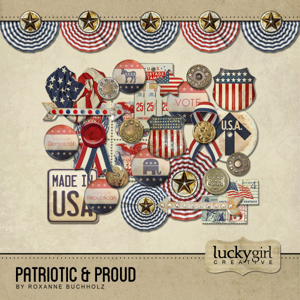 Independence Day digital scrapbook kits by Lucky Girl Creative offer scrapbooking embellishments and digital papers. Looking for patriotic and proud elements to celebrate the 4th of July? Look no further.