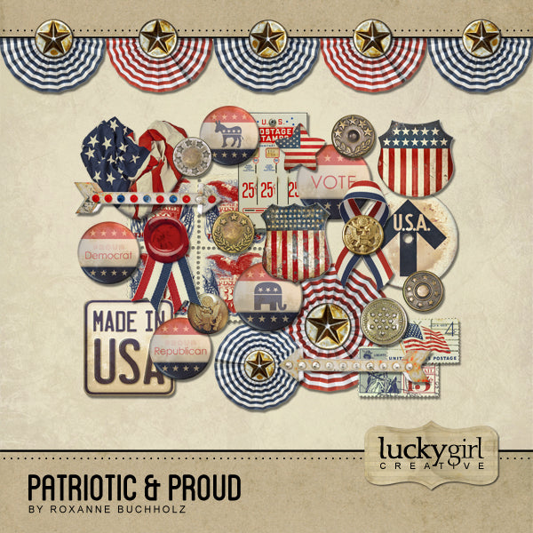 Fourth of July digital scrapbook kits by Lucky Girl Creative offer scrapbooking embellishments and digital papers. Patriotic and proud elements to celebrate Independence Day.