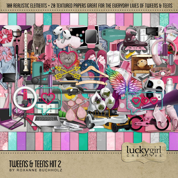 Tweens and Teens digital scrapbook kits by Lucky Girl Creative offer realistic scrapbooking embellishments and digital papers.