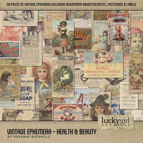 Health and Beauty digital scrapbook kits by Lucky Girl Creative offer realistic scrapbooking embellishments and digital papers. Accent to all your pages and albums with elements and papers to tell you health and wellness journey.