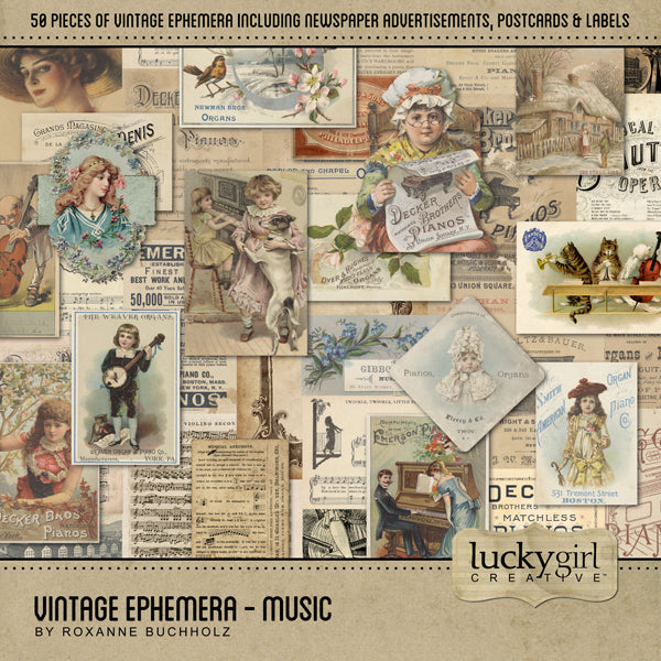 Music digital scrapbook kits by Lucky Girl Creative offer modern to vintage scrapbooking embellishments and digital papers. 