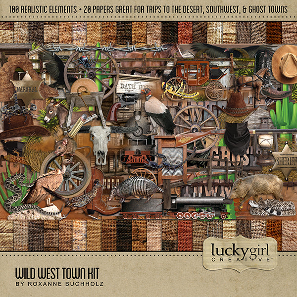 Western digital scrapbook kits by Lucky Girl Creative offer realistic scrapbook embellishments and digital papers in a classic, antique style. Western kits are perfect to showcase vacations to the Southwest, desert, or cowboy.