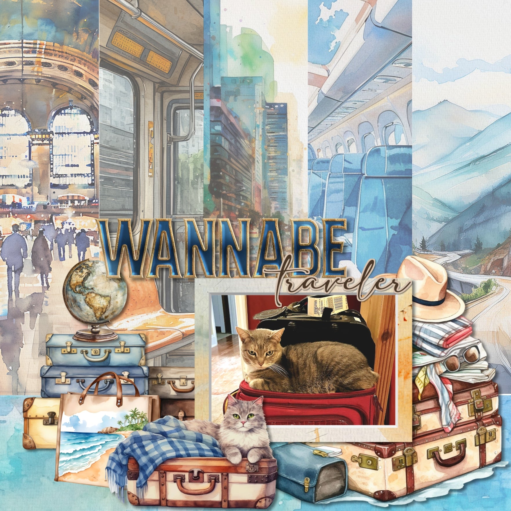 Planes, trains, and automobiles! Add beautiful watercolor transportation themed embellishments and background papers by Lucky Girl Creative digital art to all your travel digital scrapbooking pages! Embellishments include airport, tower, airplane, plane, aircraft, prop plane, commercial airliner, passenger plane, cat, dog, map, car, automobile, taxi, sports car, London taxi, beach bag, cruise ship, cruise liner, ferry, boat, sailboat, brick, bridge, castle, bells, church, skyscraper, bus, tour bus