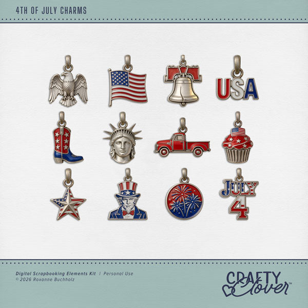 Capture the spirit of the 4th of July with these patriotic pewter and enamel charms by Crafty Clover digital art. This digital scrapbooking collection is perfect for preserving Independence Day celebrations, American history, and travel to the United States. Embellishments include American flag, Bald Eagle, cowboy boot, cupcake, fireworks, July 4, Lady Liberty, Liberty Bell, pickup truck, star, Uncle Sam, and USA. This kit is NOT included in any bundle.