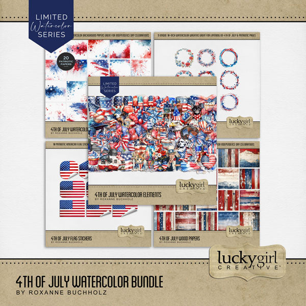 Accent your digital scrapbooking pages with these watercolor embellishments, grunge and wood papers, flag stickers, and wreaths by Lucky Girl Creative digital art that can be used for Independence Day, USA, America, Fourth of July celebrations, Remembrance Day, patriotic, military pages, and more. Embellishments include American flag, Christian cross, balloons, balloon arch, banner, bunting, flags, baseball helmet, baseball, bouquet of flowers, bow tie, cake, camping trailer, camper, cowboy boots, and more.