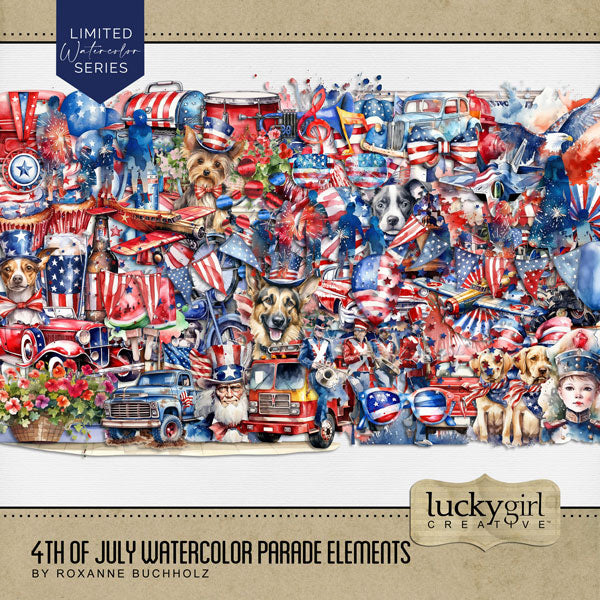 Accent your digital scrapbooking pages with these patriotic watercolor embellishments by Lucky Girl Creative digital art that can be used for Independence Day, Fourth of July, USA, America, the United States of America, marching band, fireworks, and military parade pages, and more. Embellishments include American flag, balloon, barbeque grill, BBQ, bicycle, bike, bow tie, banner, bunting, pickup truck, stars, confetti, glitter, cupcake, donut, beer, drink, soda, eagle, firetruck, fireworks, and more.