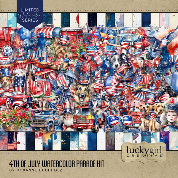 Accent your digital scrapbooking pages with these patriotic watercolor embellishments and papers by Lucky Girl Creative digital art that can be used for Independence Day, Fourth of July, USA, America, the United States of America, marching band, fireworks, and military parade pages, and more. Embellishments include American flag, balloon, barbeque grill, BBQ, bicycle, bike, bow tie, banner, bunting, pickup truck, stars, confetti, glitter, cupcake, donut, beer, drink, soda, eagle, firetruck, and more.