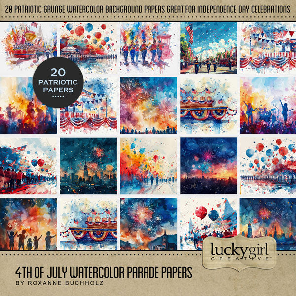Accent your digital scrapbooking pages with these patriotic watercolor background papers by Lucky Girl Creative digital art that can be used for Independence Day, Fourth of July, marching band, fireworks, and military parade pages, and more. This kit is included in the 4th of July Watercolor Parade Kit.