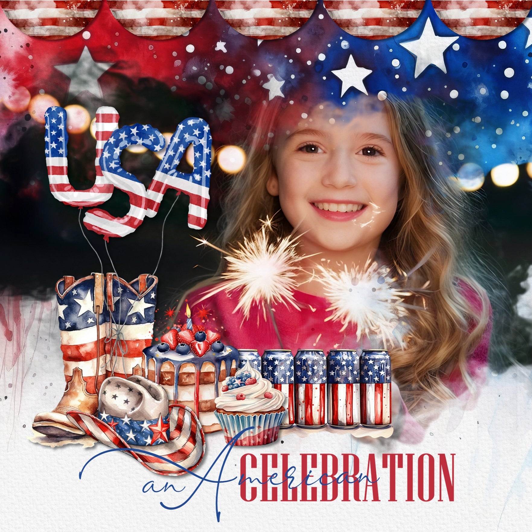 Accent your digital scrapbooking pages with these watercolor embellishments, grunge and wood papers, flag stickers, and wreaths by Lucky Girl Creative digital art that can be used for Independence Day, USA, America, Fourth of July celebrations, Remembrance Day, patriotic, military pages, and more. Embellishments include American flag, Christian cross, balloons, balloon arch, banner, bunting, flags, baseball helmet, baseball, bouquet of flowers, bow tie, cake, camping trailer, camper, cowboy boots, and more.