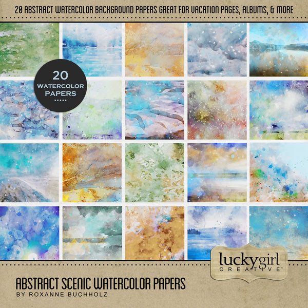 These beautiful, abstract watercolor papers by Lucky Girl Creative digital art will help you add creative background papers to all your digital scrapbooking pages. This kit is included in the Travel Landmarks Watercolor Mega Bundle.