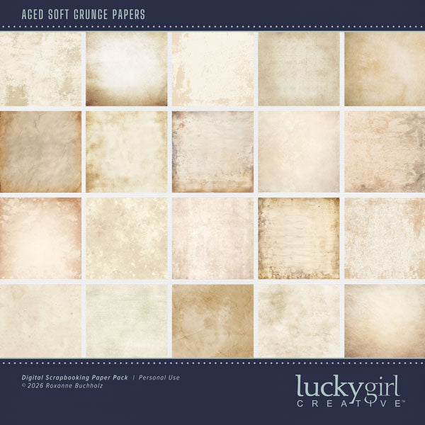 With subtle grunge textures, these digital scrapbooking background papers by Lucky Girl Creative digital art will add that touch of interest and authenticity to all your pages. This kit is included in the Paper Duo Faded Lace Kit.