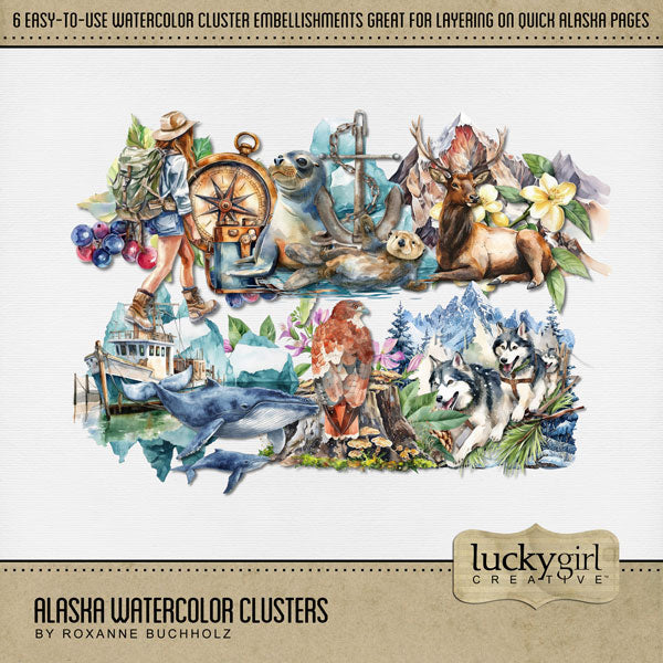 Adventure and explore Alaska with these beautiful easy-to-use watercolor digital scrapbooking clusters by Lucky Girl Creative digital art. Great for outdoors, nature, camping, vacations to Alaska, and holidays to Canada. Simply drop the pre-designed cluster onto your page and go! Embellishments include evergreen trees, hawk, mushrooms, whale, fishing boat, glacier, elk, mountain, sled dogs, pinecone, compass, camera, hiker, seal, otter, anchor, and more. This kit is included in Alaska Watercolor Bundle.