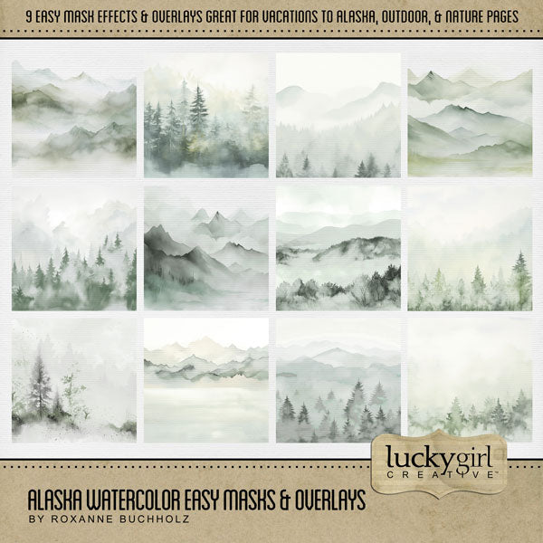 Add beautiful transparent overlays and masks by Lucky Girl Creative digital art to all your digital scrapbooking pages! In hues of evergreen, the mountain and forest overlays add so much texture to all your outdoor, nature, and camping pages. Try layering over different colored digital papers to create a one-of-a-kind look or fill the masks with your favorite photos, papers, or color! This kit is included in the Alaska Watercolor Bundle.