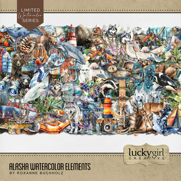 Adventure and explore Alaska with these beautiful watercolor digital scrapbooking embellishments by Lucky Girl Creative digital art. Great for outdoors, nature, camping, vacations to Alaska, and holidays to Canada. Embellishments include badger, bear, beaver, clams, deer, reindeer, stag, elk, dog sled, Husky dog, dolphin, eagle, fish, bass, salmon, trout, fox, hawk, moose, mountain goat, musk ox, polar bear, sea otter, walrus, Beluga, Blue whale, Orca, Sperm Whale, wolf, berry, berries, binoculars.