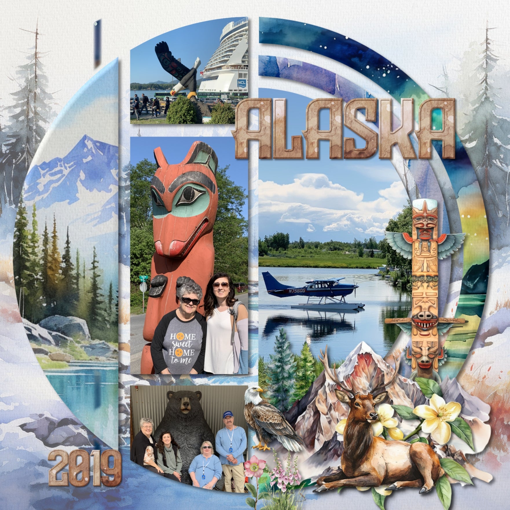 Adventure and explore Alaska with this beautiful watercolor bundle containing embellishments, scenic papers, easy-to-use clusters, overlays, and rock alpha set by Lucky Girl Creative digital art. Great for outdoors, nature, camping, vacations to Alaska, and holidays to Canada. Embellishments include badger, bear, beaver, clams, deer, reindeer, stag, elk, dog sled, Husky dog, dolphin, eagle, fish, bass, salmon, trout, fox, hawk, moose, mountain goat, musk ox, polar bear, sea otter, walrus, Beluga, whale.