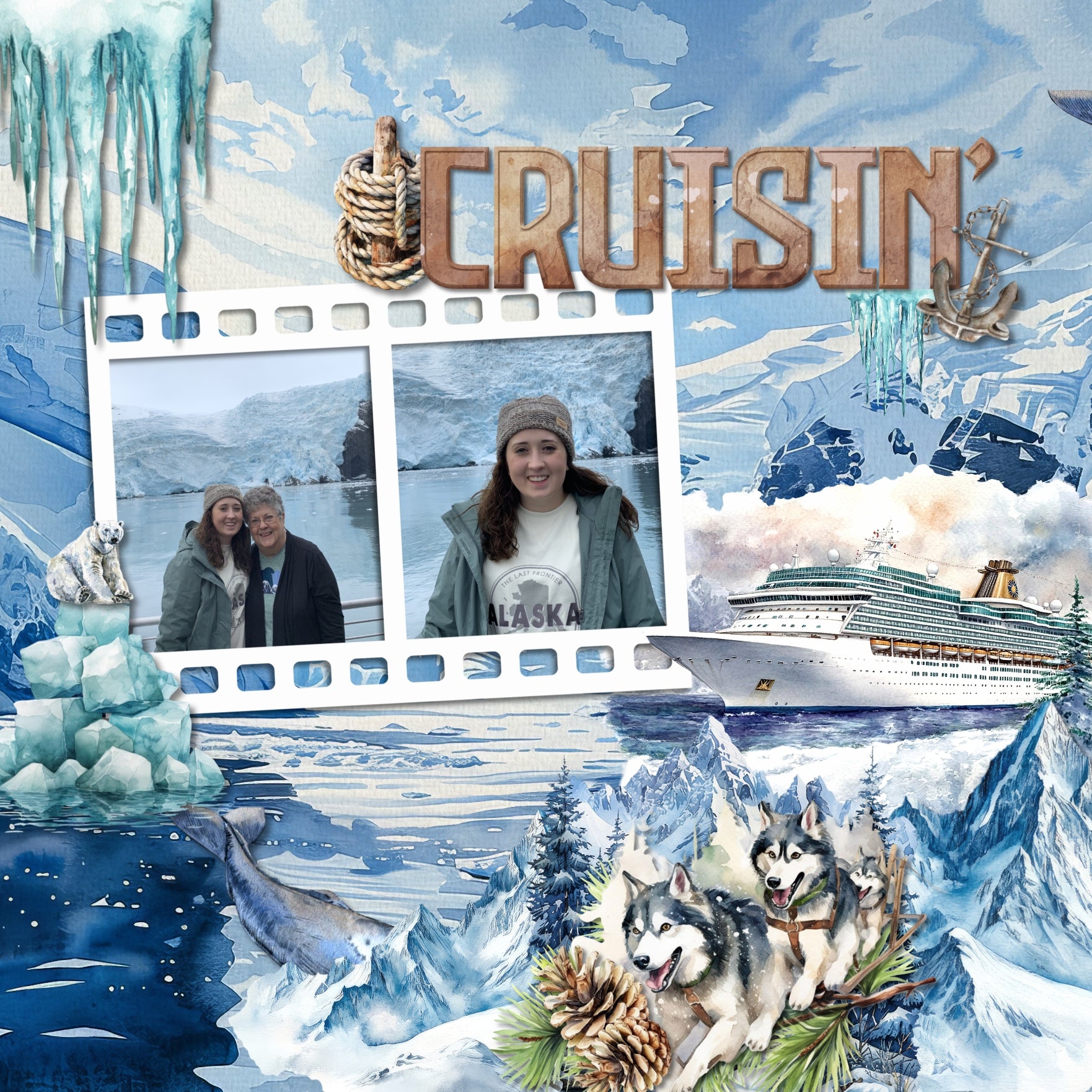 Adventure and explore Alaska with this beautiful watercolor bundle containing embellishments, scenic papers, easy-to-use clusters, overlays, and rock alpha set by Lucky Girl Creative digital art. Great for outdoors, nature, camping, vacations to Alaska, and holidays to Canada. Embellishments include badger, bear, beaver, clams, deer, reindeer, stag, elk, dog sled, Husky dog, dolphin, eagle, fish, bass, salmon, trout, fox, hawk, moose, mountain goat, musk ox, polar bear, sea otter, walrus, Beluga, whale.