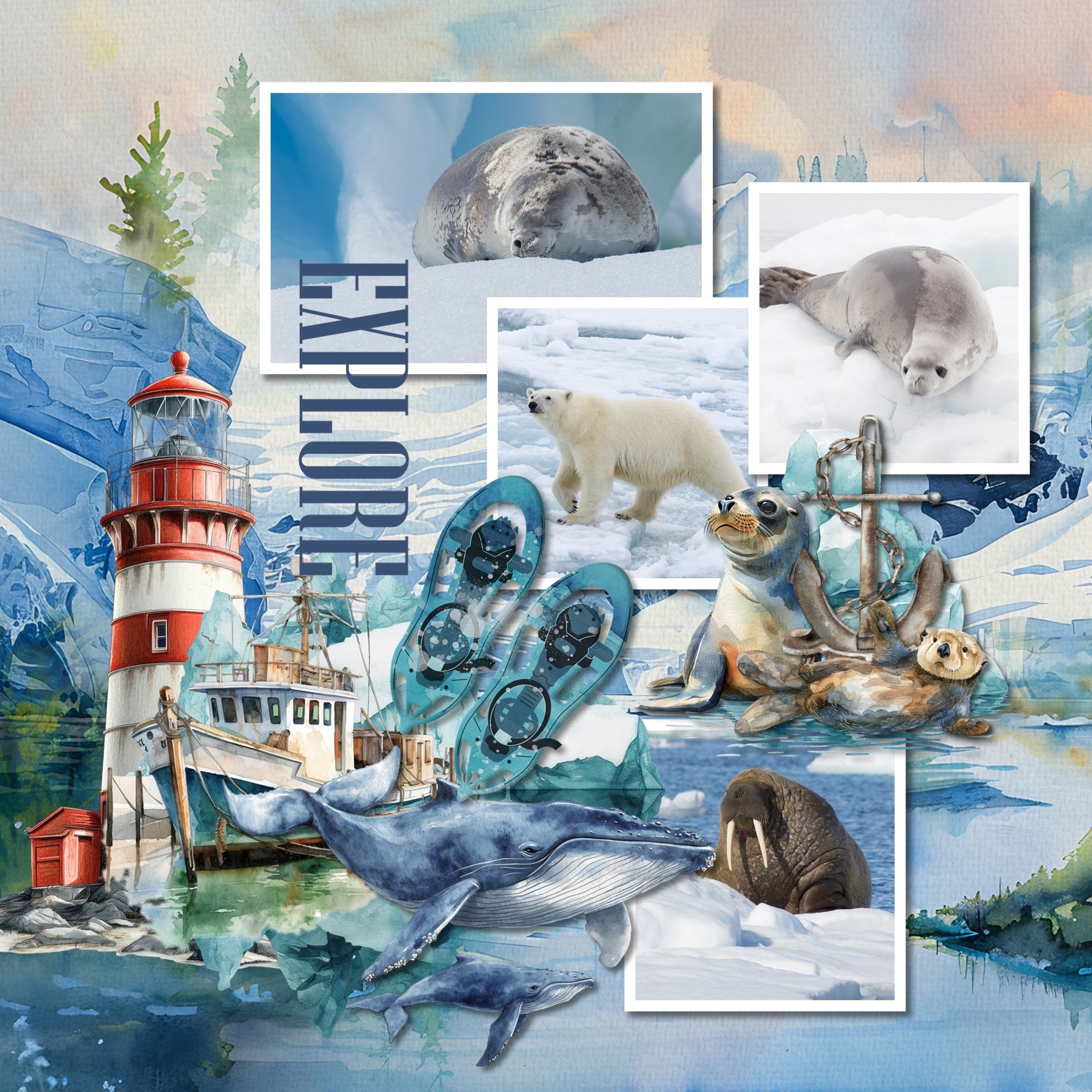 Adventure and explore Alaska with this beautiful watercolor bundle containing embellishments, scenic papers, easy-to-use clusters, overlays, and rock alpha set by Lucky Girl Creative digital art. Great for outdoors, nature, camping, vacations to Alaska, and holidays to Canada. Embellishments include badger, bear, beaver, clams, deer, reindeer, stag, elk, dog sled, Husky dog, dolphin, eagle, fish, bass, salmon, trout, fox, hawk, moose, mountain goat, musk ox, polar bear, sea otter, walrus, Beluga, whale.