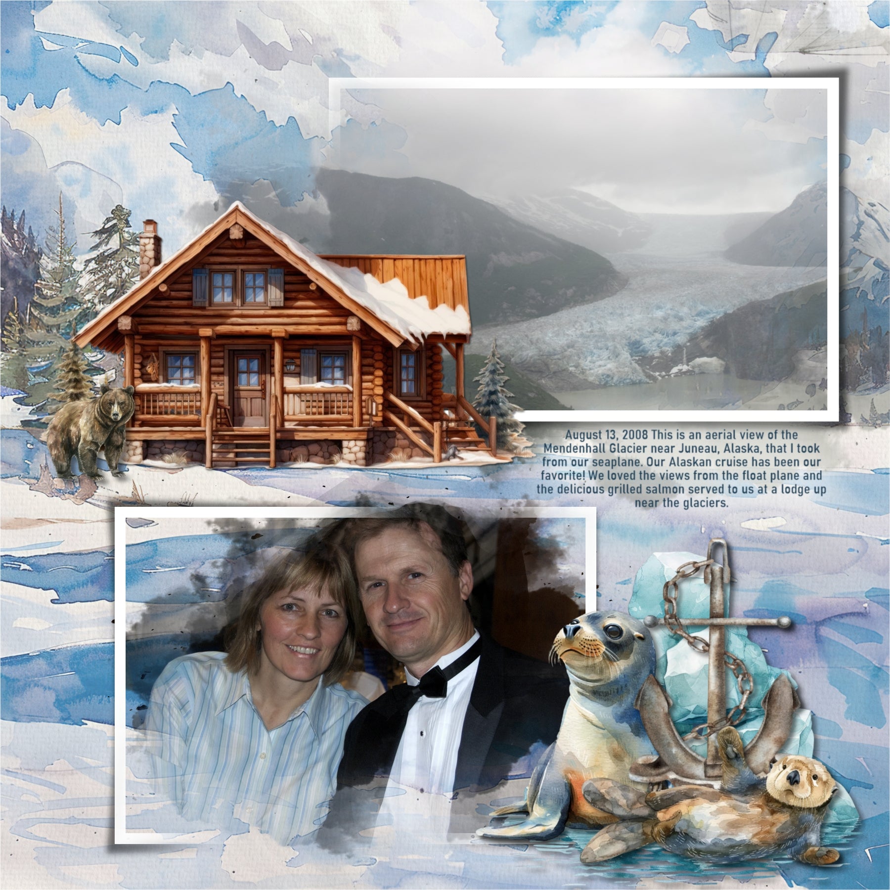 Adventure and explore Alaska with this beautiful watercolor bundle containing embellishments, scenic papers, easy-to-use clusters, overlays, and rock alpha set by Lucky Girl Creative digital art. Great for outdoors, nature, camping, vacations to Alaska, and holidays to Canada. Embellishments include badger, bear, beaver, clams, deer, reindeer, stag, elk, dog sled, Husky dog, dolphin, eagle, fish, bass, salmon, trout, fox, hawk, moose, mountain goat, musk ox, polar bear, sea otter, walrus, Beluga, whale.