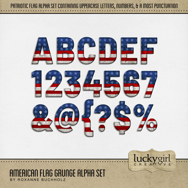 Celebrate the red, white, and blue with these patriotic USA grunge digital scrapbooking alphabet letters, numbers, and most punctuation by Lucky Girl Creative digital art featuring the stars and stripes of America. Great for designing page titles for family history, genealogy, military heroes, and Independence Day and 4th of July projects.