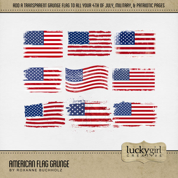 Celebrate the red, white, and blue with these patriotic USA grunge digital scrapbooking flag embellishments by Lucky Girl Creative digital art featuring the stars and stripes of America. Great for family history, genealogy, military heroes, and Independence Day and 4th of July projects.