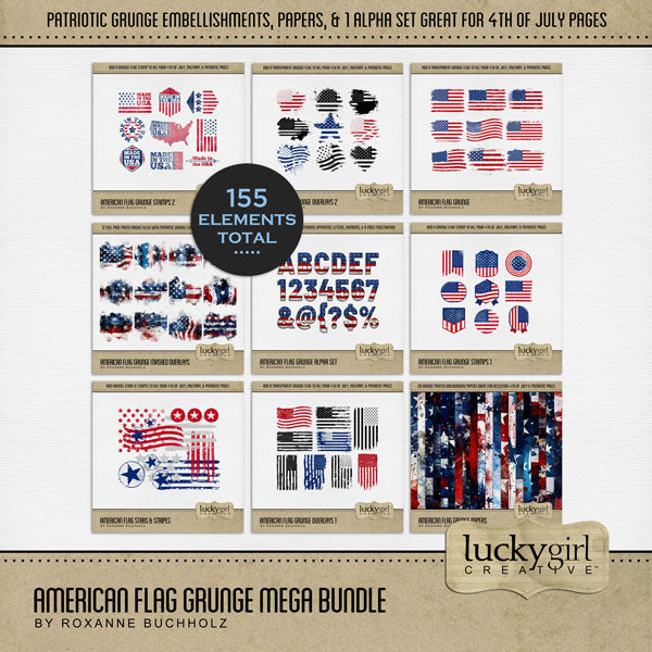 Celebrate the red, white, and blue with these patriotic USA grunge digital scrapbooking flag embellishments, overlays, papers, and alpha set by Lucky Girl Creative digital art featuring the stars and stripes of America. Great for family history, genealogy, military heroes, and Independence Day and 4th of July projects.
