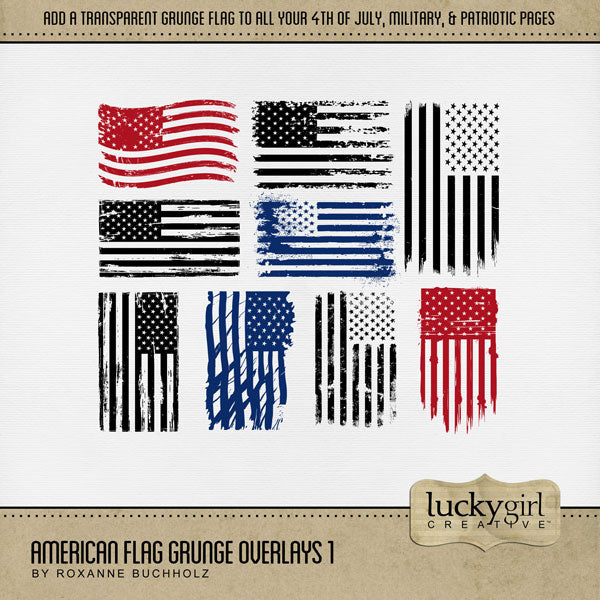 Celebrate the red, white, and blue with these patriotic USA grunge digital scrapbooking stamped flag overlays with transparent backgrounds by Lucky Girl Creative digital art featuring the stars and stripes of America. Great for family history, genealogy, military heroes, and Independence Day and 4th of July projects. All elements in the kit are black and easily colorized, or filled with your favorite papers, to fit your chosen photos.
