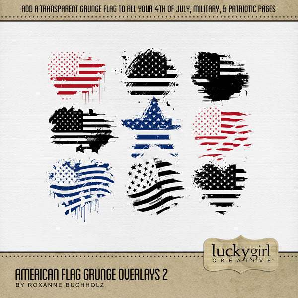 Celebrate the red, white, and blue with these patriotic USA grunge digital scrapbooking stamped flag overlays with transparent backgrounds by Lucky Girl Creative digital art featuring the stars and stripes of America. Great for family history, genealogy, military heroes, and Independence Day and 4th of July projects. All elements in the kit are black and easily colorized, or filled with your favorite papers, to fit your chosen photos.