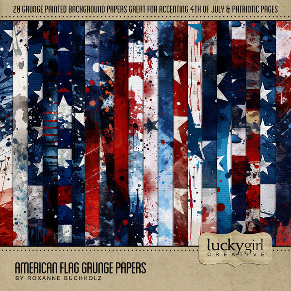 Celebrate the red, white, and blue with these patriotic USA grunge flag digital scrapbooking papers by Lucky Girl Creative digital art featuring the stars and stripes of America. Great for family history, genealogy, military heroes, and Independence Day and 4th of July projects.