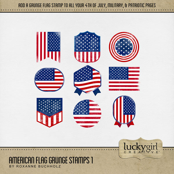 Celebrate the red, white, and blue with these patriotic USA grunge digital scrapbooking flag stamps with transparent backgrounds by Lucky Girl Creative digital art featuring the stars and stripes of America. Great for family history, genealogy, military heroes, and Independence Day and 4th of July projects. All elements in the kit are easily colorized, or filled with your favorite papers, to fit your chosen photos.