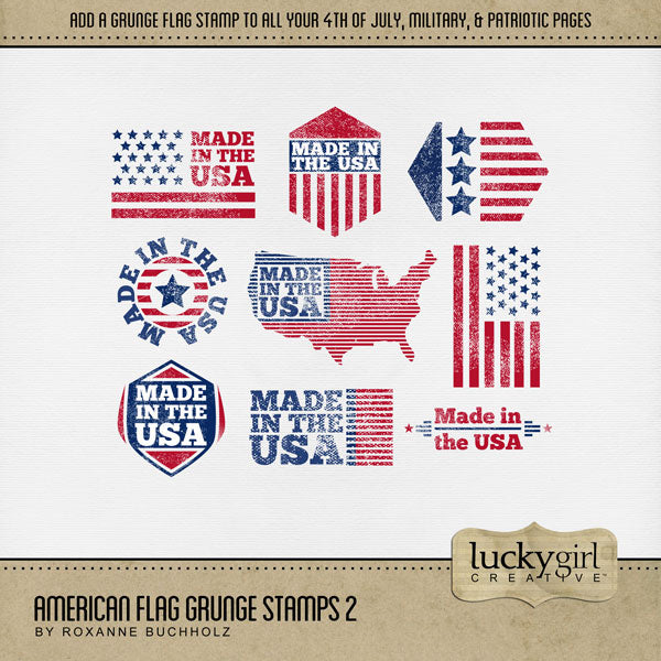 Celebrate the red, white, and blue with these patriotic USA grunge digital scrapbooking stamps with transparent backgrounds by Lucky Girl Creative digital art featuring the stars and stripes of America. Great for family history, genealogy, military heroes, and Independence Day and 4th of July projects. All elements in the kit are easily colorized, or filled with your favorite papers, to fit your chosen photos.