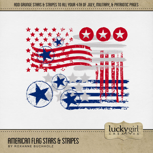 Celebrate the red, white, and blue with these patriotic USA grunge digital scrapbooking stamps with transparent backgrounds by Lucky Girl Creative digital art featuring the stars and stripes of America. Great for family history, genealogy, military heroes, and Independence Day and 4th of July projects.