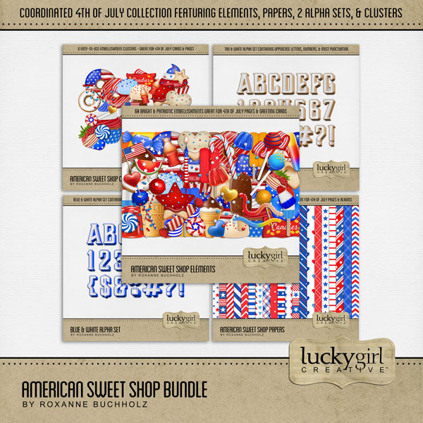 Add these sweet embellishments, bold patterned papers, clusters, and alpha sets by Lucky Girl Creative digital art to all your holiday digital scrapbooking pages! In hues of red, white, and blue, these sweet embellishments add so much fun to all your Independence Day projects including greeting cards and holiday decor. Great for vacations and holiday travel to America, too! Embellishments include candy box, cake pop, candy, candle, hard candy, chocolate, candy cane, caramel, maple, chocolate, beaver