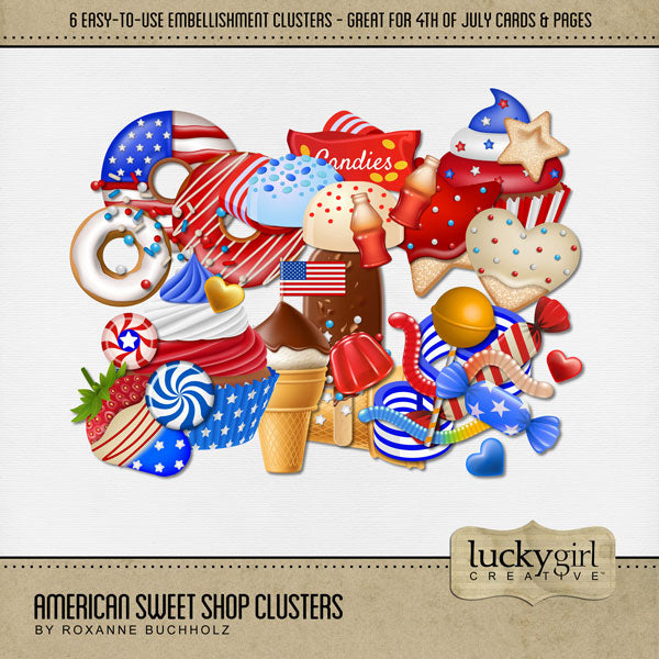 Add these easy-to-use cluster embellishments by Lucky Girl Creative digital art to all your holiday digital scrapbooking pages! In hues of red, white, and blue, these sweet clusters add so much fun to all your Independence Day projects including greeting cards and holiday decor. Great for vacations and holiday travel to America, too! Featured embellishments include donut, doughnut, sprinkles, ice cream, cone, candy, lollipop, cookie, cupcake, bon bon, gummy candy, peppermint, and chocolate dipped strawberry