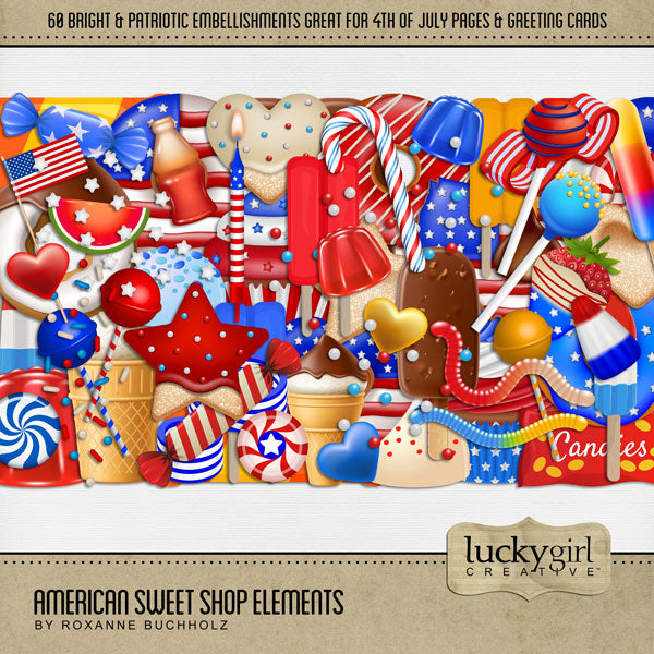Add these sweet embellishments by Lucky Girl Creative digital art to all your holiday digital scrapbooking pages! In hues of red, white, and blue, these sweet embellishments add so much fun to all your Independence Day projects including greeting cards and holiday decor. Great for vacations and holiday travel to America, too! Embellishments include candy box, cake pop, candy, candle, hard candy, chocolate, candy cane, caramel, maple, chocolate, beaver, firework, hedgehog, Inukshuk, candy kiss, maple leaf