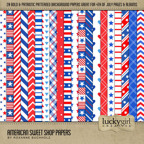 Add these bold patterned background papers by Lucky Girl Creative digital art to all your digital scrapbooking pages! In hues of red, white, and blue, these papers add so much fun to all your Independence Day projects including greeting cards and holiday decor. Great for vacations and holiday travel to America, too! Patterns include stripes, diagonal, chevron, plaid, polka dots, grid, stars, hearts, and more.