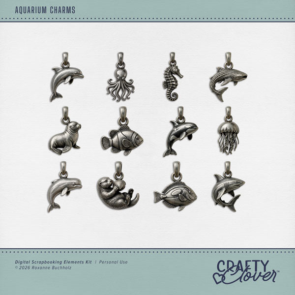 Dive into a world of underwater memories with these adorable aquarium pewter charms by Crafty Clover digital art for digital scrapbooking! Featuring a beautiful collection of aquarium-inspired embellishments designed to look like vintage pewter charms, this kit brings a touch of timeless elegance and ocean magic to your creative projects. From playful dolphins and graceful seahorses to tropical fish, sea turtles, starfish, whales, and sharks, each charm captures the beauty and wonder of life beneath the sea