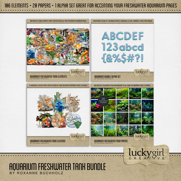 Filled with realistic freshwater aquarium flora and fauna, this digital scrapbooking bundle by Lucky Girl Creative digital art will add a splash of wonder to your aquarium and fish tank pages. Great for home fish tanks or visiting aquatic centers and landmark aquariums. Embellishments include fish, angel fish, betta fish, beta fish, rainbow fish, platy, goldfish, koi fish, neon tetra, guppies, and more.